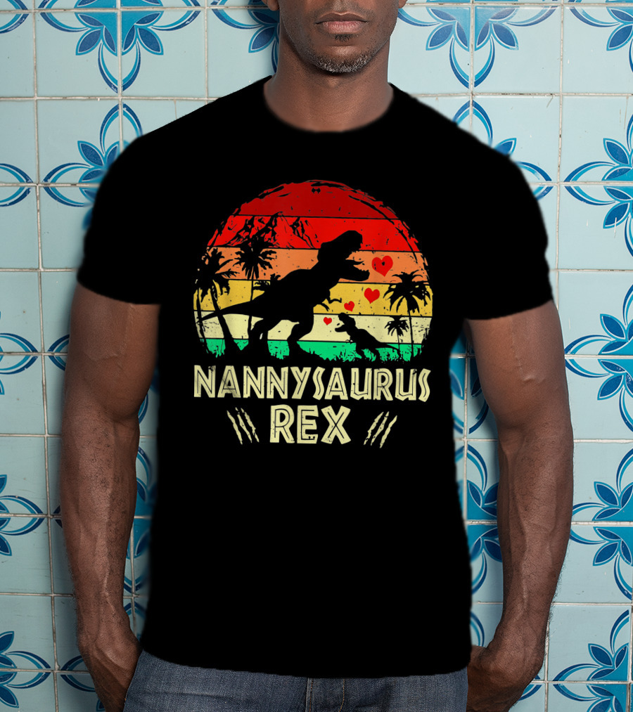 Nannysaurus Rex Dinosaur Sunset Hearts T-Shirt
