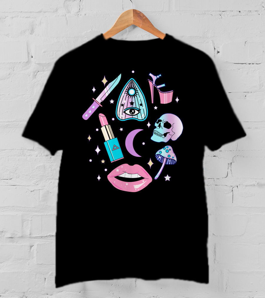 Pastel Goth Kawaii Witch Creepy Knife Skull Lipstick Moon Stars Mushroom Heels Ouija T-Shirt