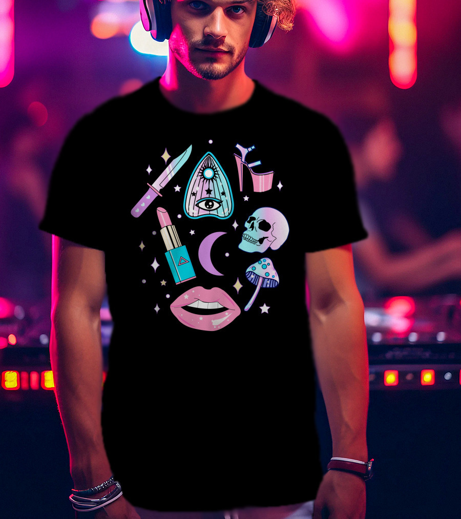Pastel Goth Kawaii Witch Creepy Knife Skull Lipstick Moon Stars Mushroom Heels Ouija T-Shirt