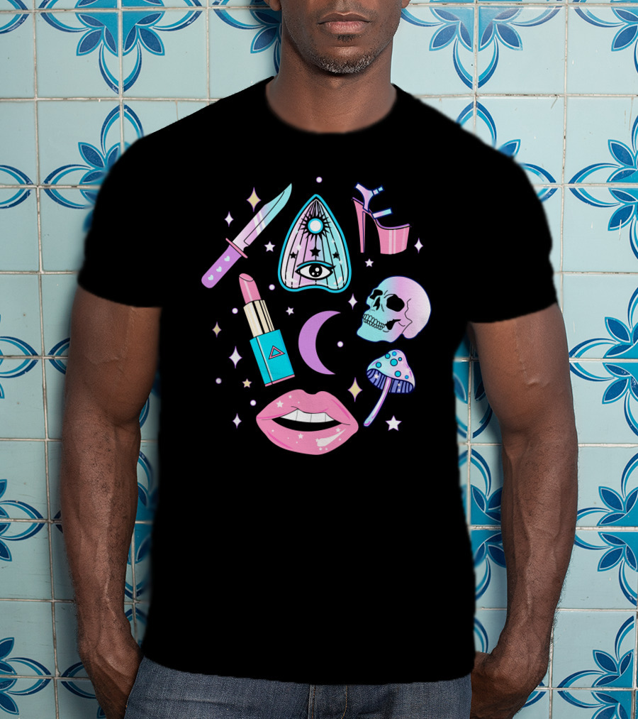 Pastel Goth Kawaii Witch Creepy Knife Skull Lipstick Moon Stars Mushroom Heels Ouija T-Shirt