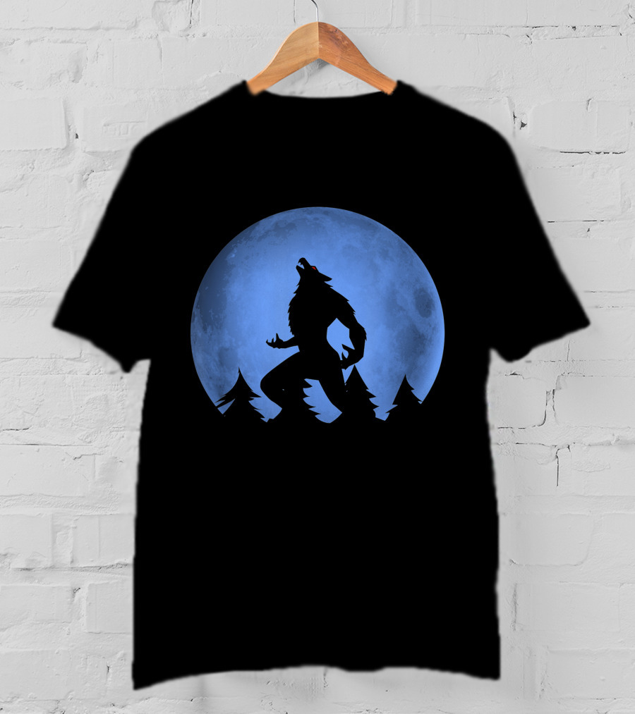 Werewolf Silhouette Howling At Full Blue Moon With Forest Background T-Shirt