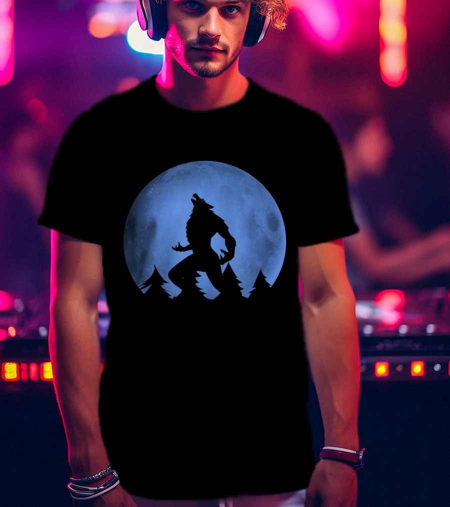 Werewolf Silhouette Howling At Full Blue Moon With Forest Background T-Shirt