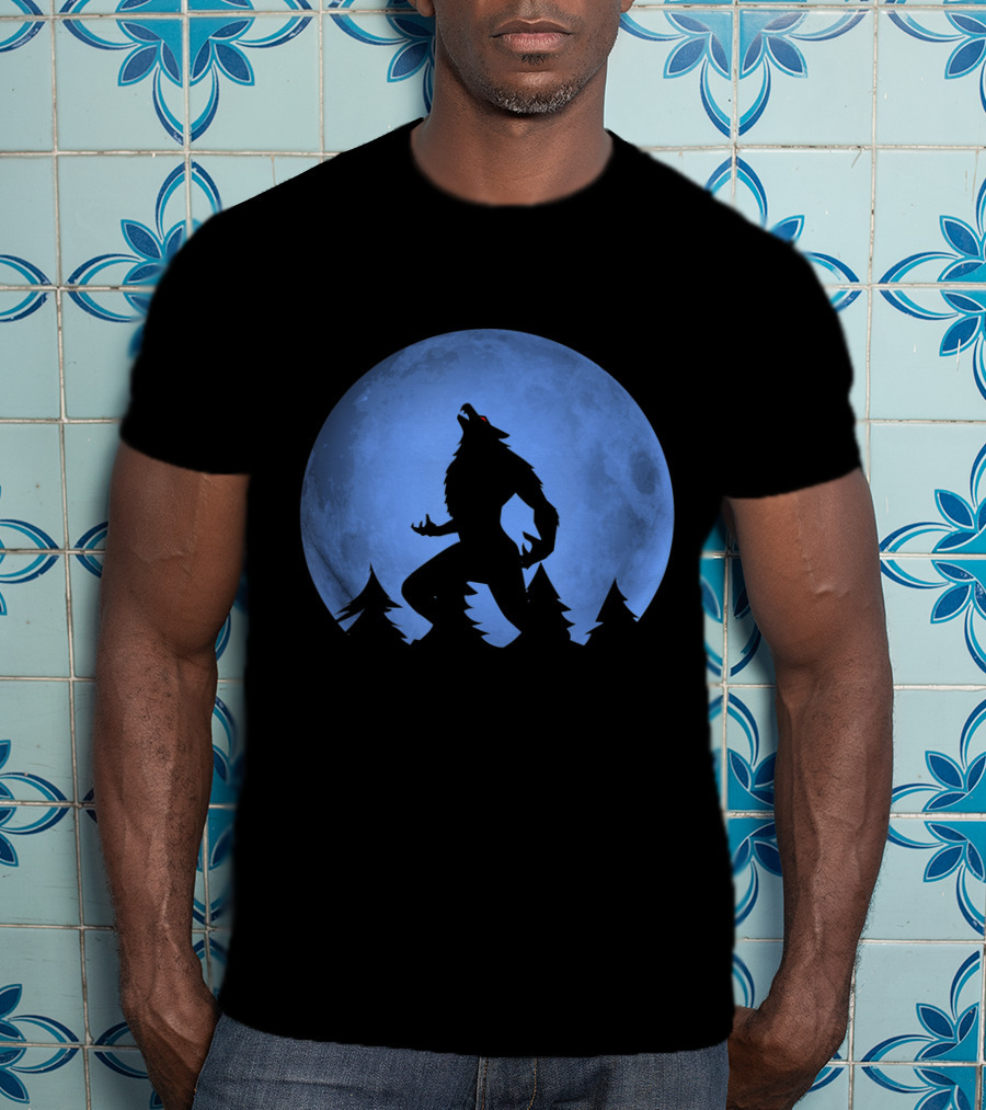 Werewolf Silhouette Howling At Full Blue Moon With Forest Background T-Shirt