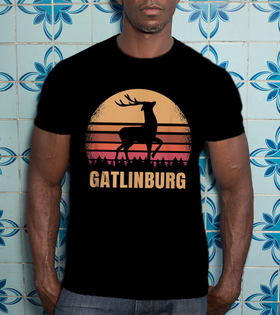 Gatlinburg Tennessee Vintage Deer Silhouette With Distressed Sunset Background T-Shirt