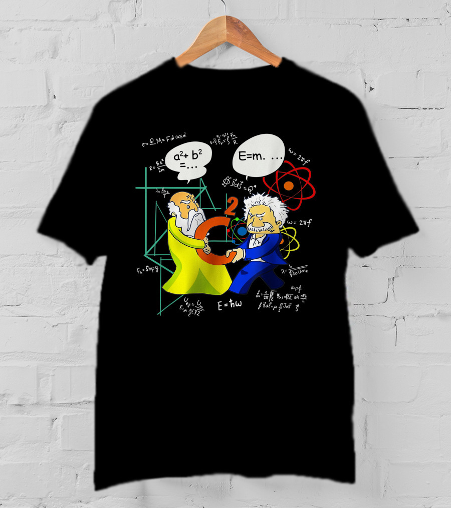 Pythagoras Einstein Battle Funny Science Equations Showdown T-Shirt