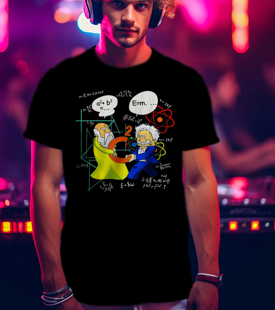 Pythagoras Einstein Battle Funny Science Equations Showdown T-Shirt
