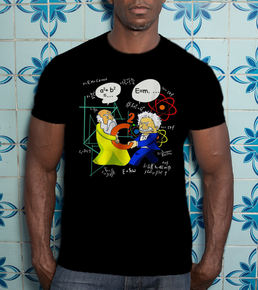 Pythagoras Einstein Battle Funny Science Equations Showdown T-Shirt
