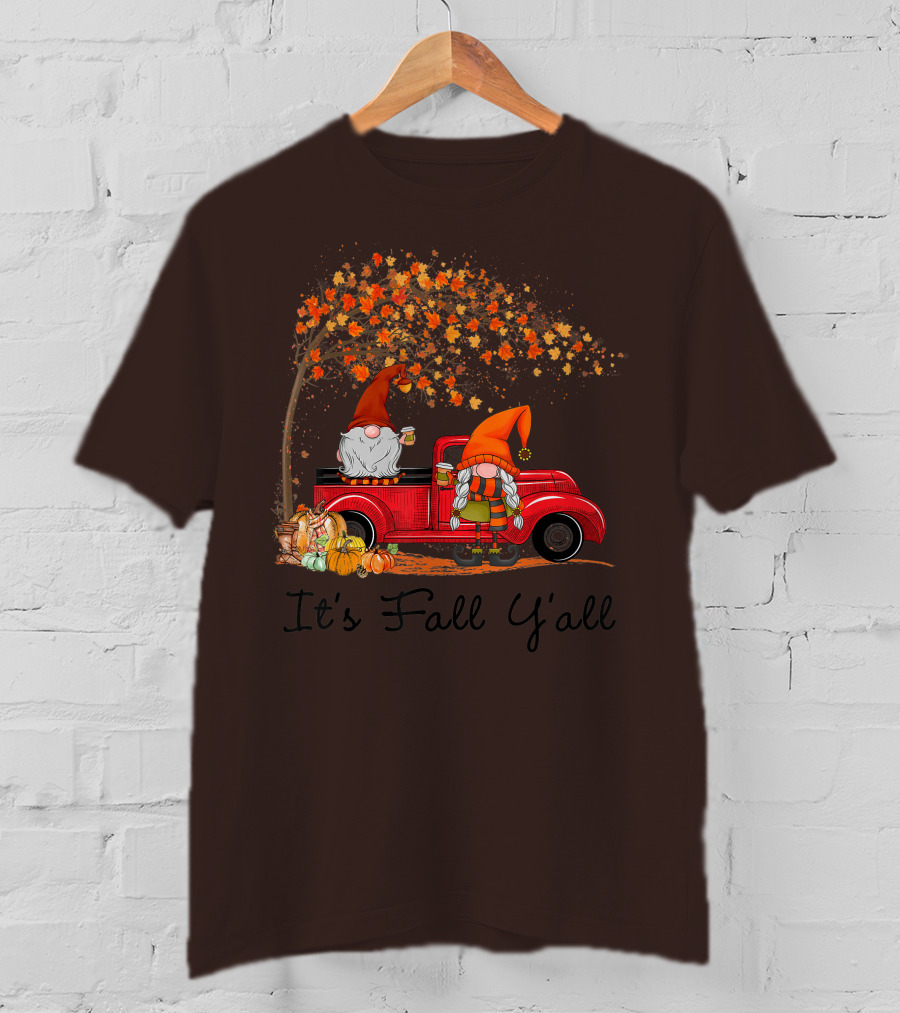 It's Fall Y'all Cute Gnomes Pumpkin Autumn Tree Fall Leaves Red Truck T-Shirt