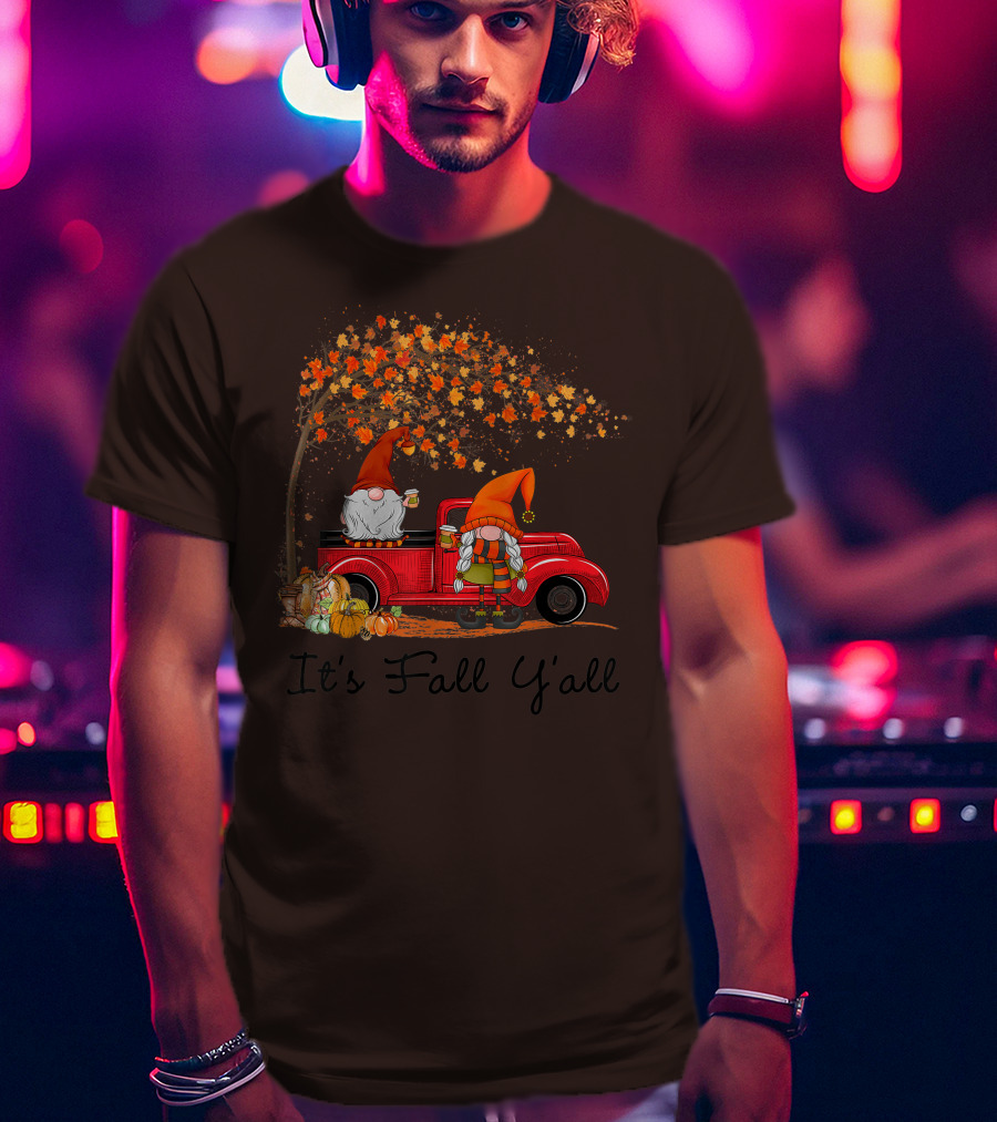 It's Fall Y'all Cute Gnomes Pumpkin Autumn Tree Fall Leaves Red Truck T-Shirt