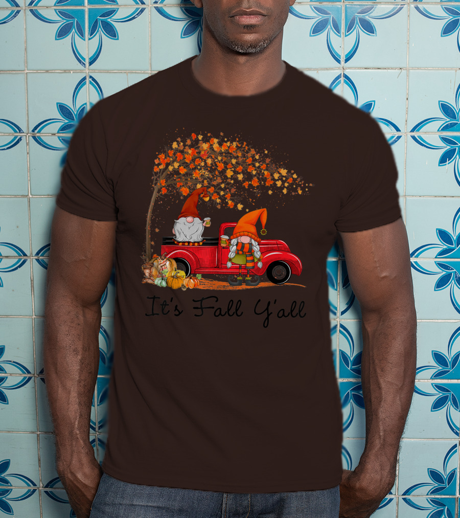 It's Fall Y'all Cute Gnomes Pumpkin Autumn Tree Fall Leaves Red Truck T-Shirt