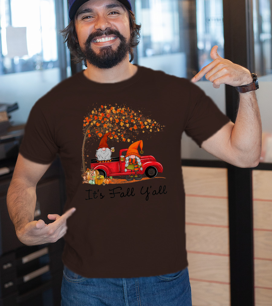 It's Fall Y'all Cute Gnomes Pumpkin Autumn Tree Fall Leaves Red Truck T-Shirt