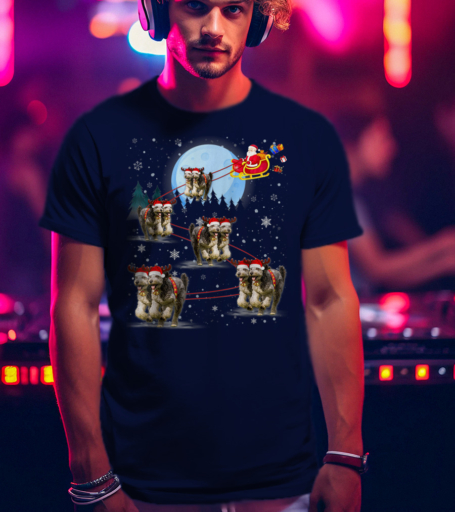Funny Reindeer Santa With Dogs Pulling Sleigh By Moonlight T-Shirt