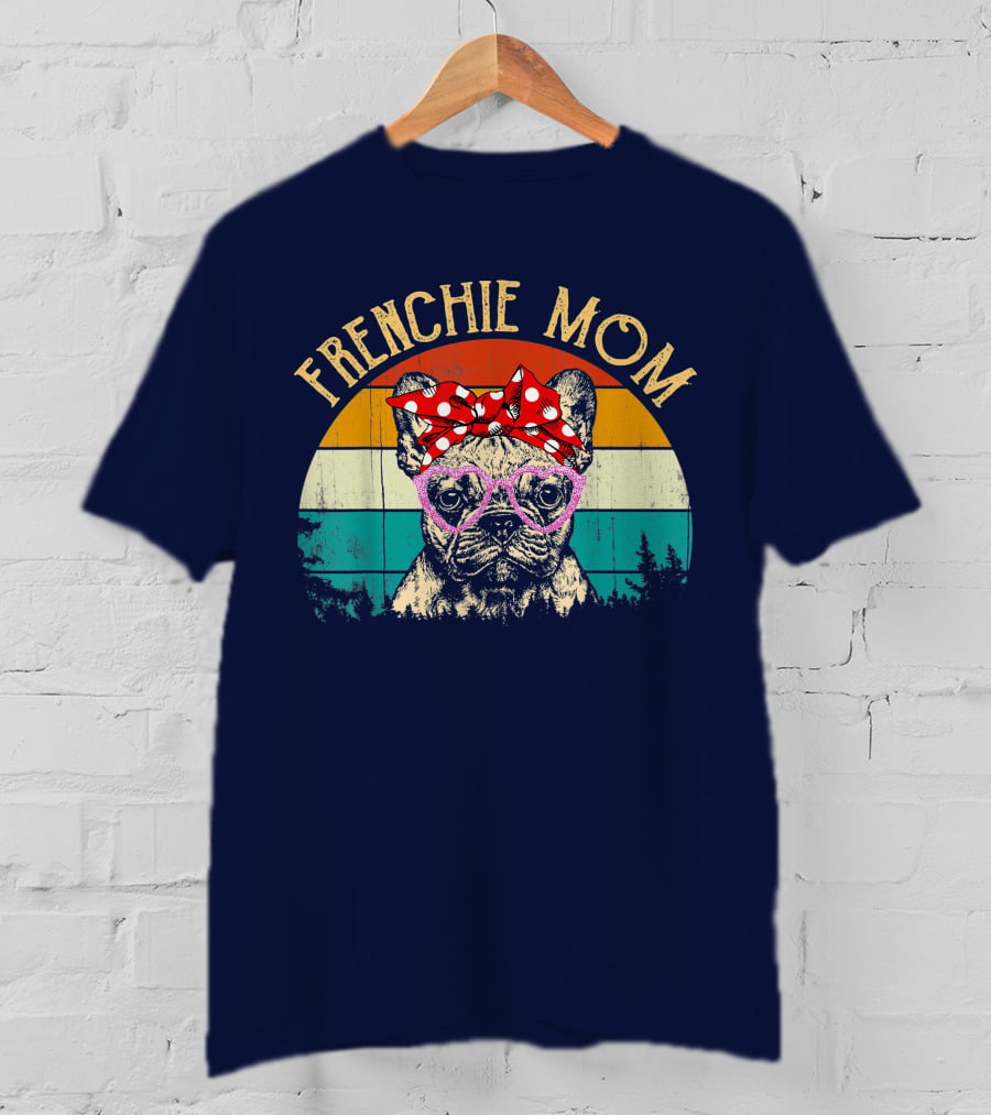 Frenchie Mom Retro Sunset Heart Glasses Bow T-Shirt