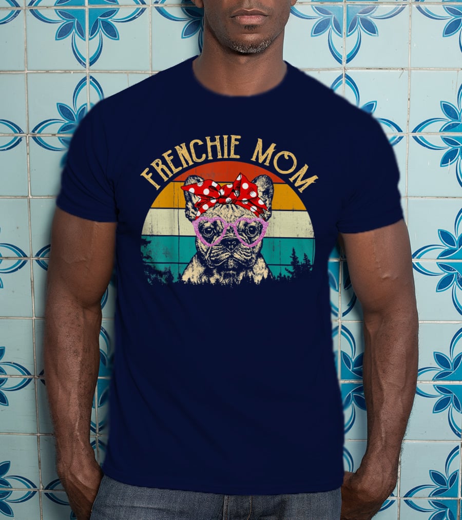 Frenchie Mom Retro Sunset Heart Glasses Bow T-Shirt