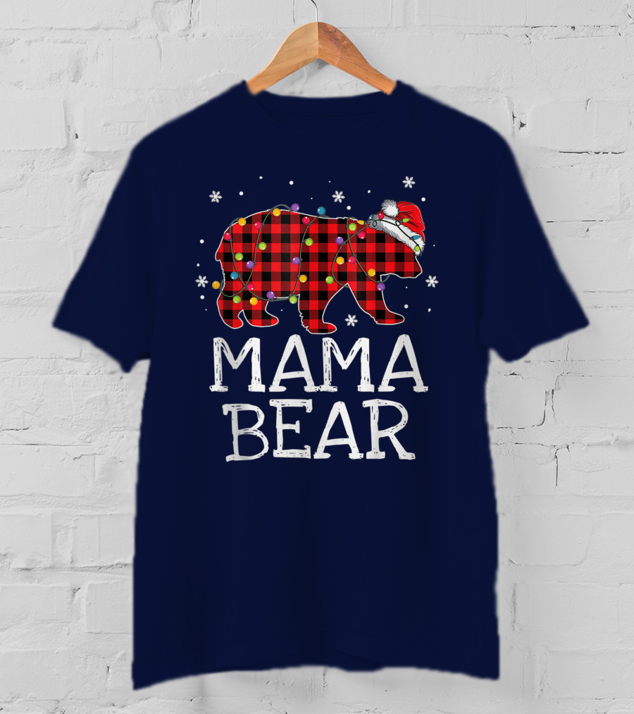 Mama Bear Red Plaid Christmas Lights Santa Hat Snowflakes T-Shirt
