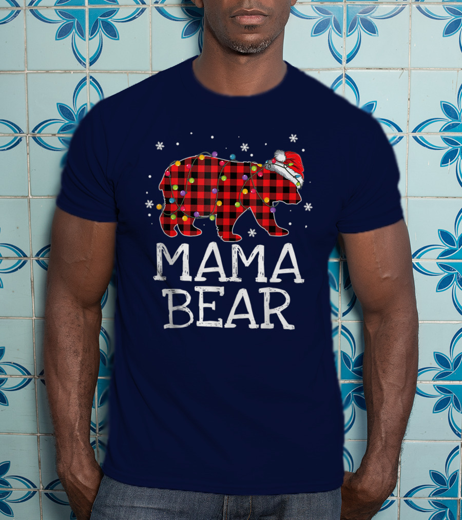 Mama Bear Red Plaid Christmas Lights Santa Hat Snowflakes T-Shirt