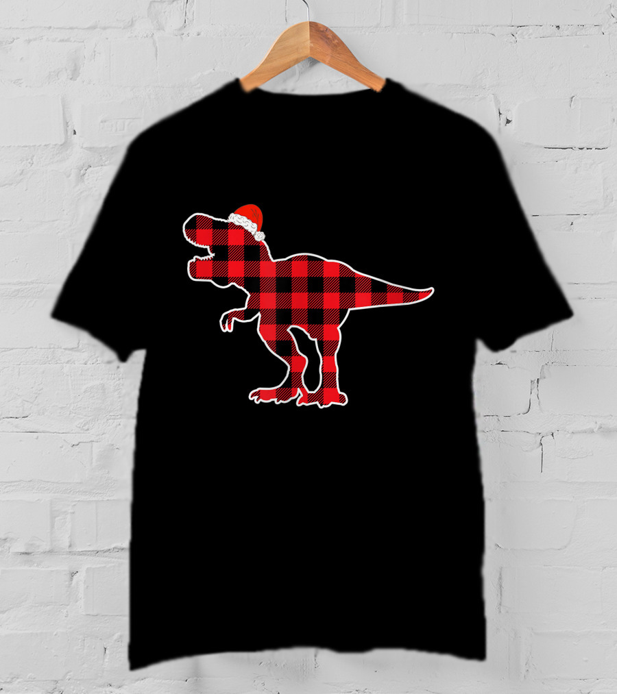 Red Plaid Dinosaur Wearing Santa Hat T-Shirt