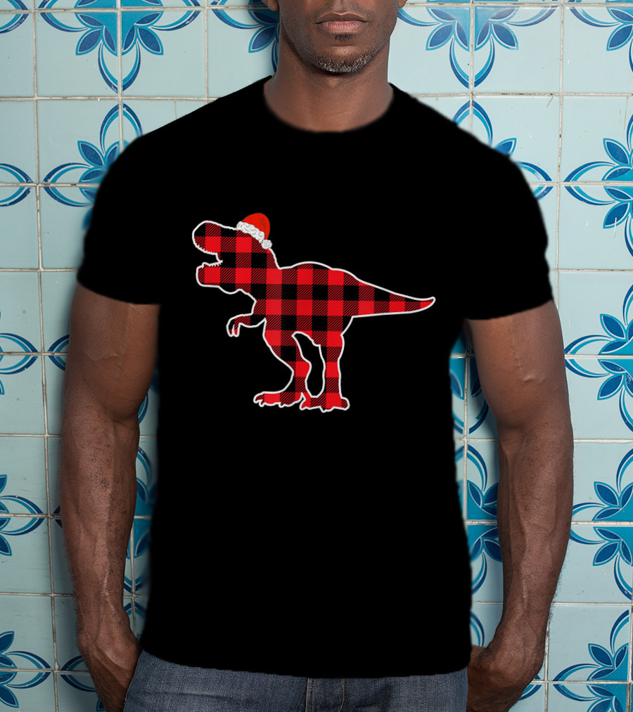 Red Plaid Dinosaur Wearing Santa Hat T-Shirt