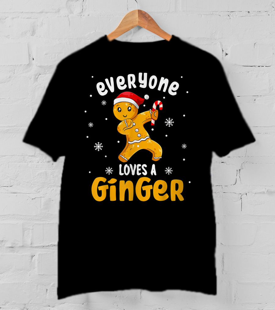 Everyone Loves A Ginger Christmas Gingerbread Man With Santa Hat And Candy Cane T-Shirt