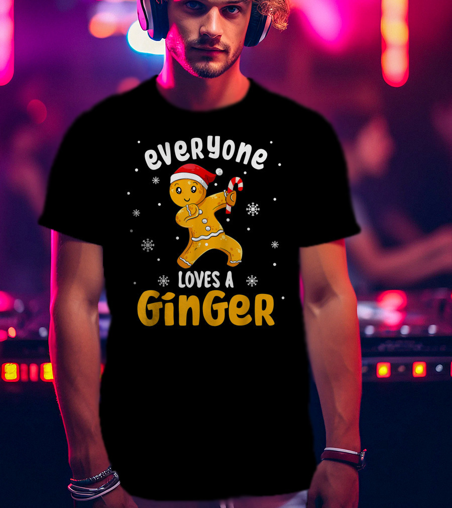 Everyone Loves A Ginger Christmas Gingerbread Man With Santa Hat And Candy Cane T-Shirt