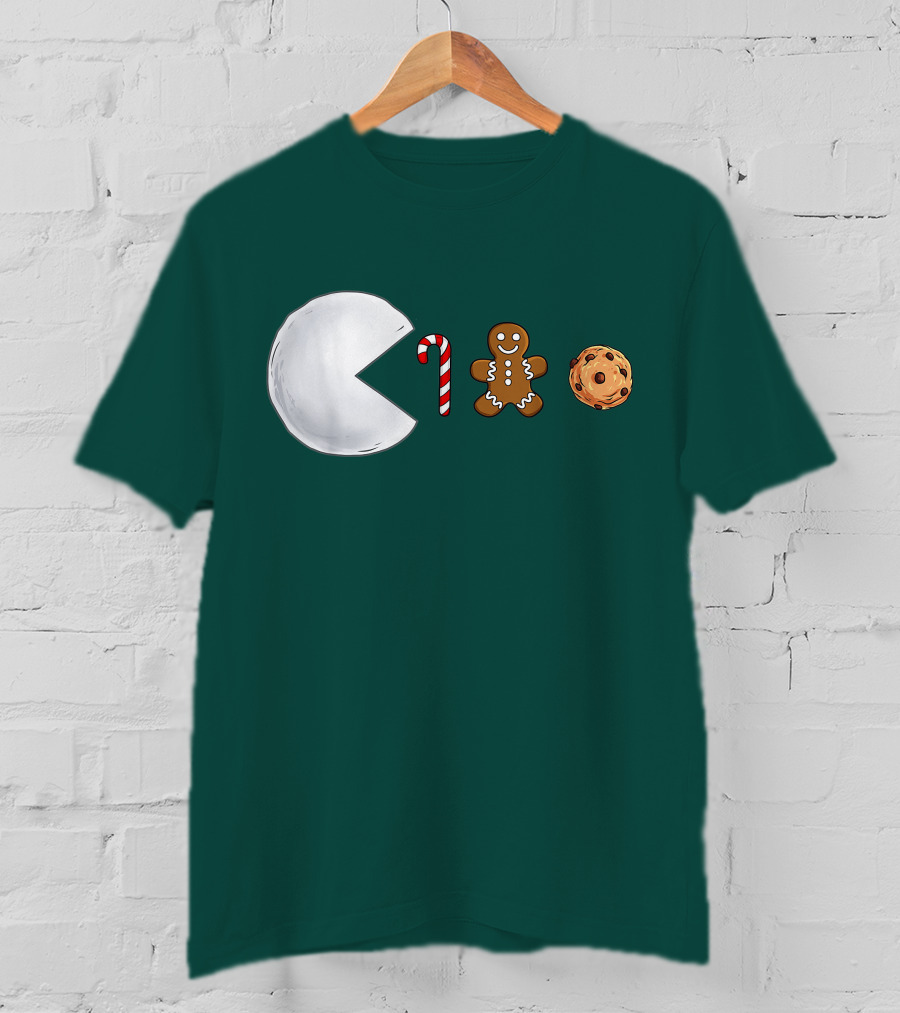 Christmas Snowball Candy Cane Gingerbread Cookie Pac-Man T-Shirt