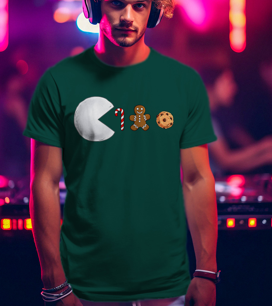 Christmas Snowball Candy Cane Gingerbread Cookie Pac-Man T-Shirt