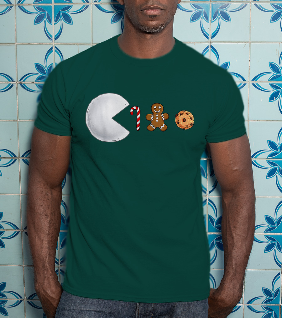 Christmas Snowball Candy Cane Gingerbread Cookie Pac-Man T-Shirt