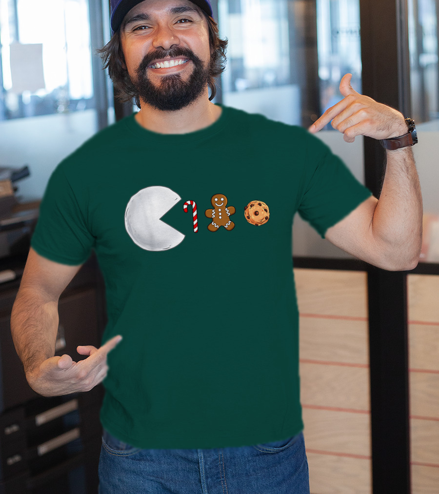 Christmas Snowball Candy Cane Gingerbread Cookie Pac-Man T-Shirt