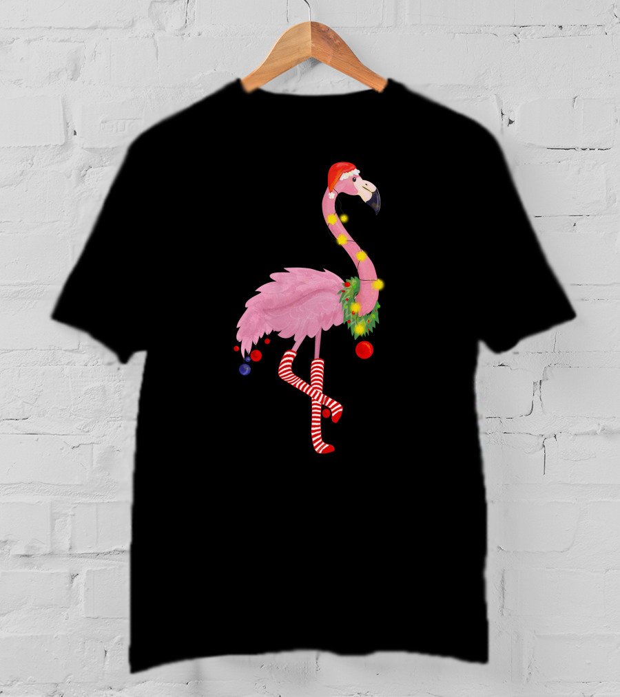 Flamingo Christmas Santa Hat Candy Cane Leggings T-Shirt