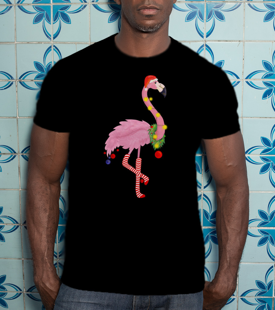 Flamingo Christmas Santa Hat Candy Cane Leggings T-Shirt
