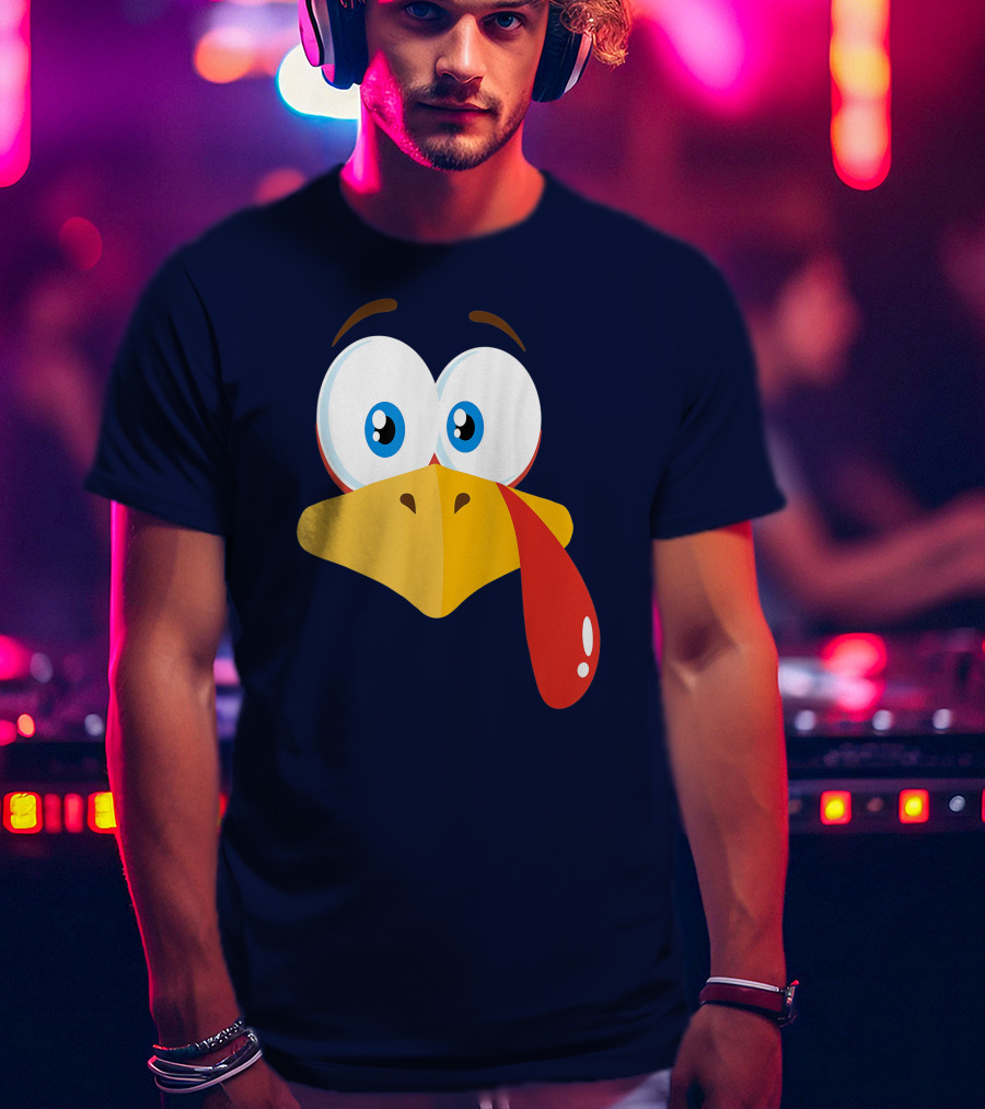Turkey Face Pilgrim Funny Cartoon Eyes And Beak With Tongue T-Shirt