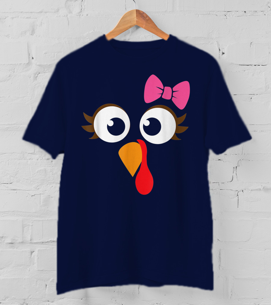 Turkey Face Girl Pink Bow Cute Thanksgiving T-Shirt