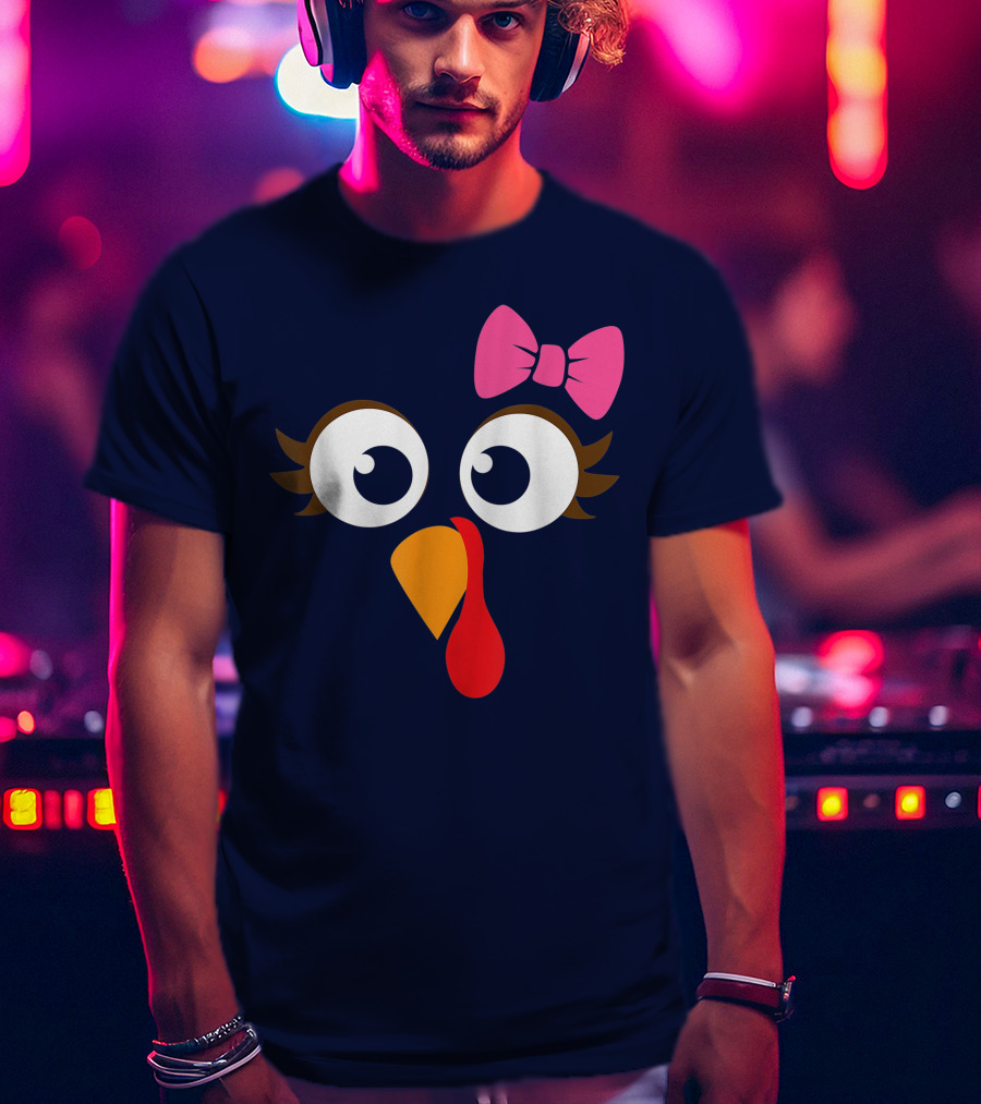 Turkey Face Girl Pink Bow Cute Thanksgiving T-Shirt