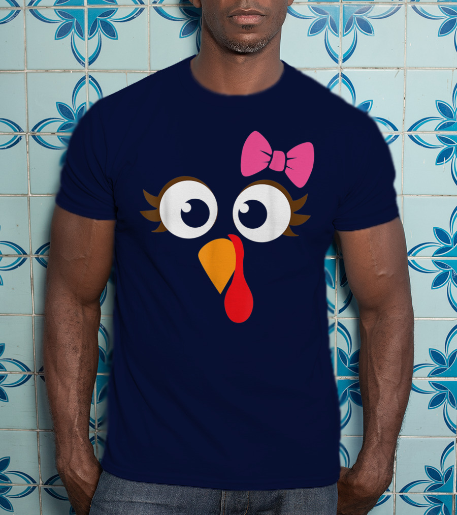 Turkey Face Girl Pink Bow Cute Thanksgiving T-Shirt
