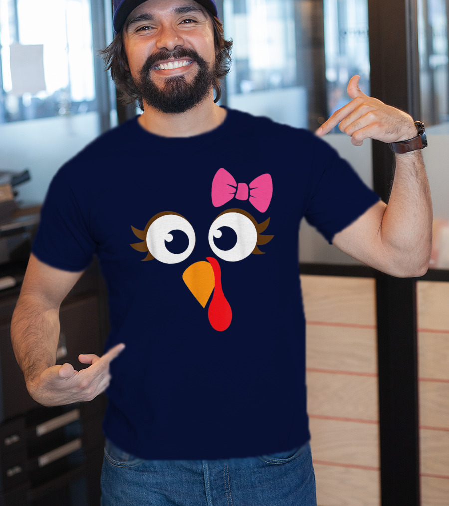 Turkey Face Girl Pink Bow Cute Thanksgiving T-Shirt
