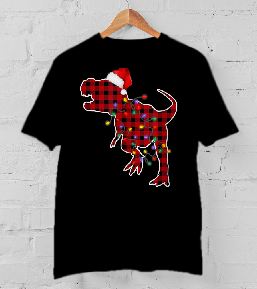 Red Plaid T-Rex Dinosaur With Santa Hat And Christmas Lights T-Shirt
