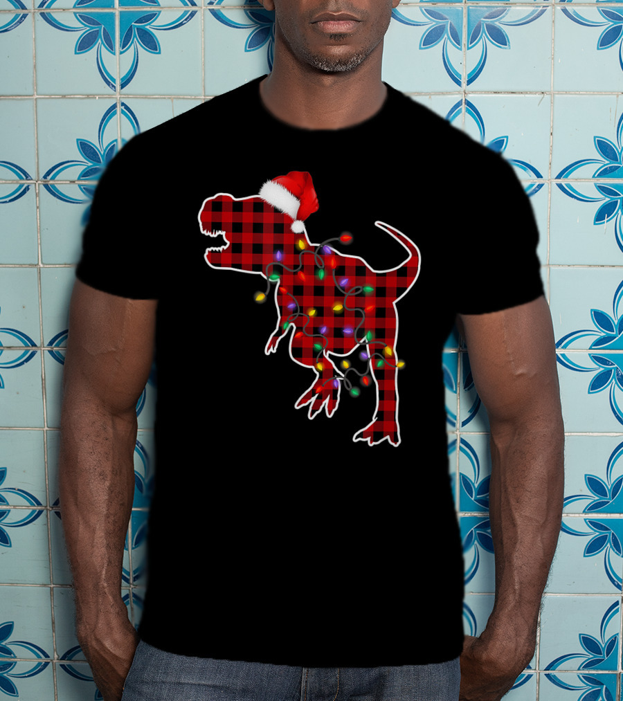 Red Plaid T-Rex Dinosaur With Santa Hat And Christmas Lights T-Shirt
