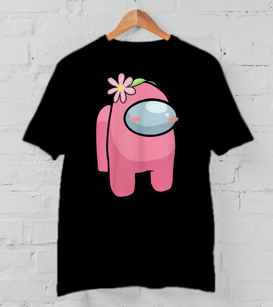 Cute Pink Among Us Sus Character With Flower T-Shirt