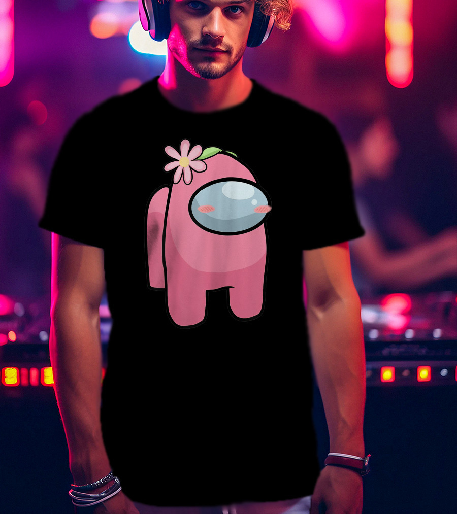 Cute Pink Among Us Sus Character With Flower T-Shirt