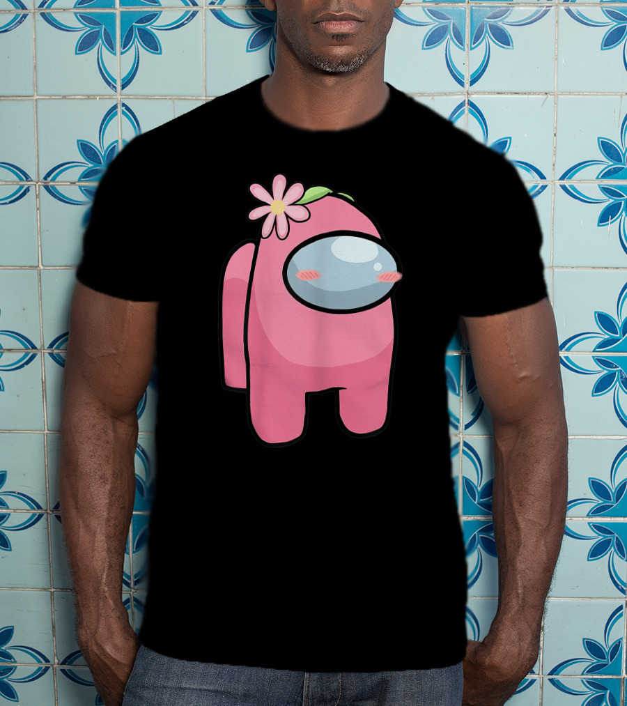 Cute Pink Among Us Sus Character With Flower T-Shirt