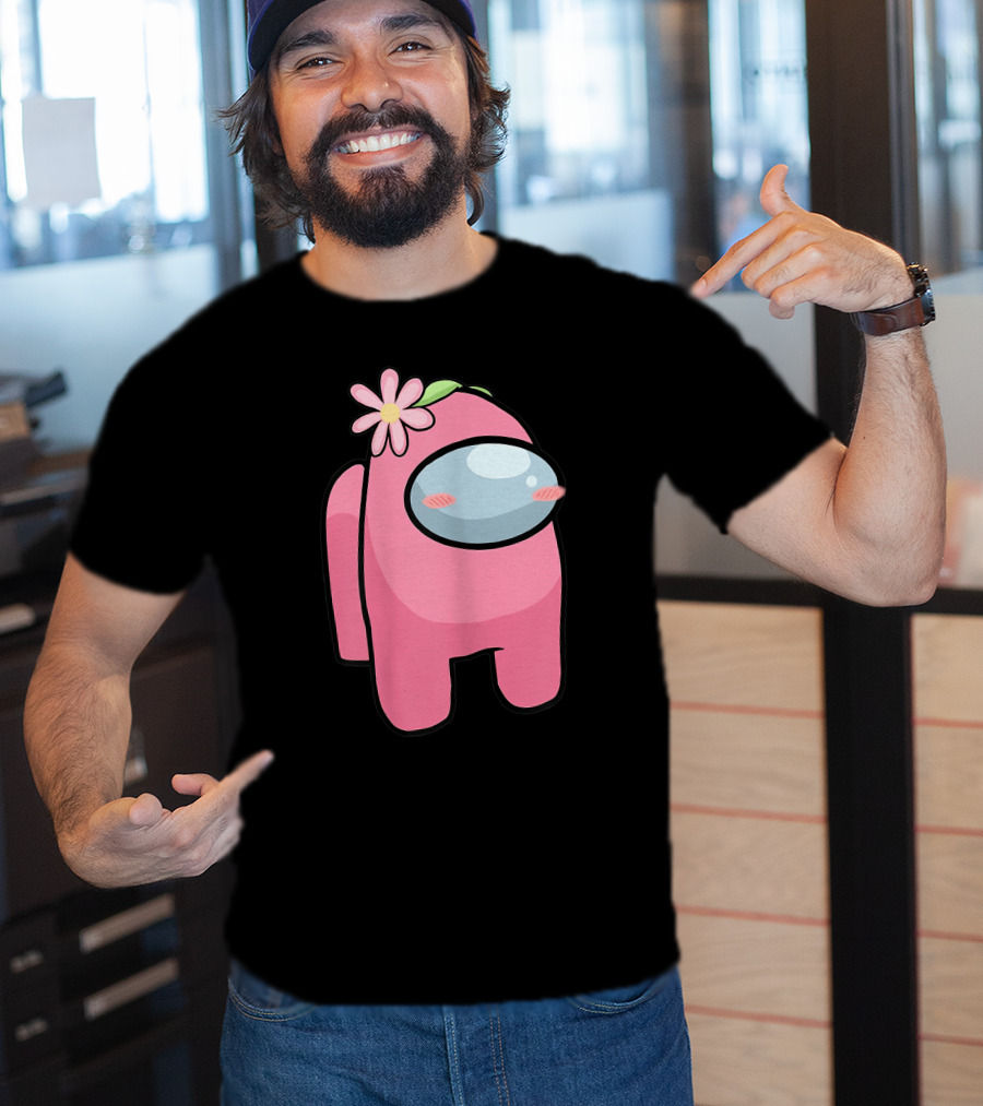 Cute Pink Among Us Sus Character With Flower T-Shirt