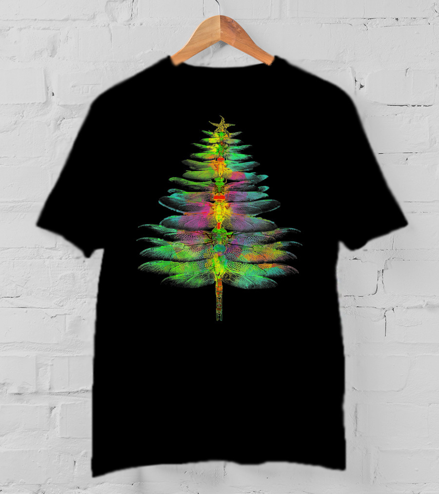 Funny Dragonfly Christmas Tree Multicolored Wings T-Shirt