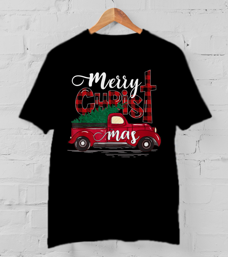 Merry Christmas Buffalo Plaid Christian Cross With Red Truck T-Shirt