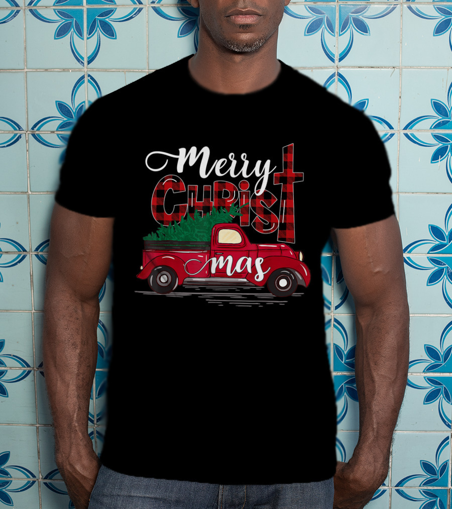Merry Christmas Buffalo Plaid Christian Cross With Red Truck T-Shirt