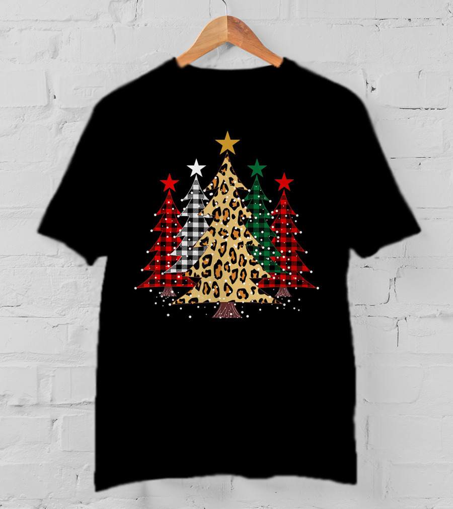 Merry Christmas Trees Buffalo Plaid Leopard Stars Holiday T-Shirt