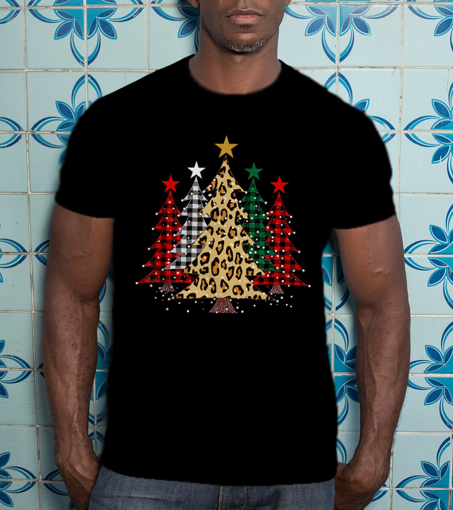 Merry Christmas Trees Buffalo Plaid Leopard Stars Holiday T-Shirt