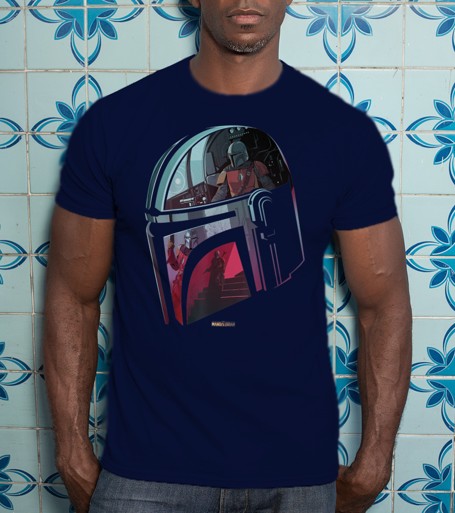 Star Wars The Mandalorian Helmet Spaceship Interior Stairs Scene T-Shirt