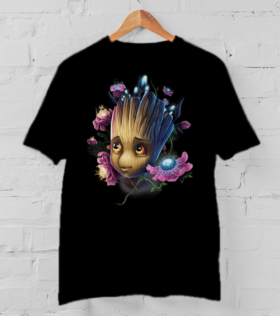 Marvel Guardians Of The Galaxy Groot Surrounded By Vibrant Flowers And Glowing Bugs T-Shirt