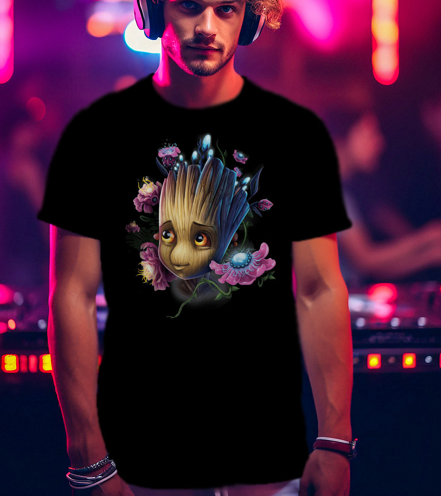 Marvel Guardians Of The Galaxy Groot Surrounded By Vibrant Flowers And Glowing Bugs T-Shirt