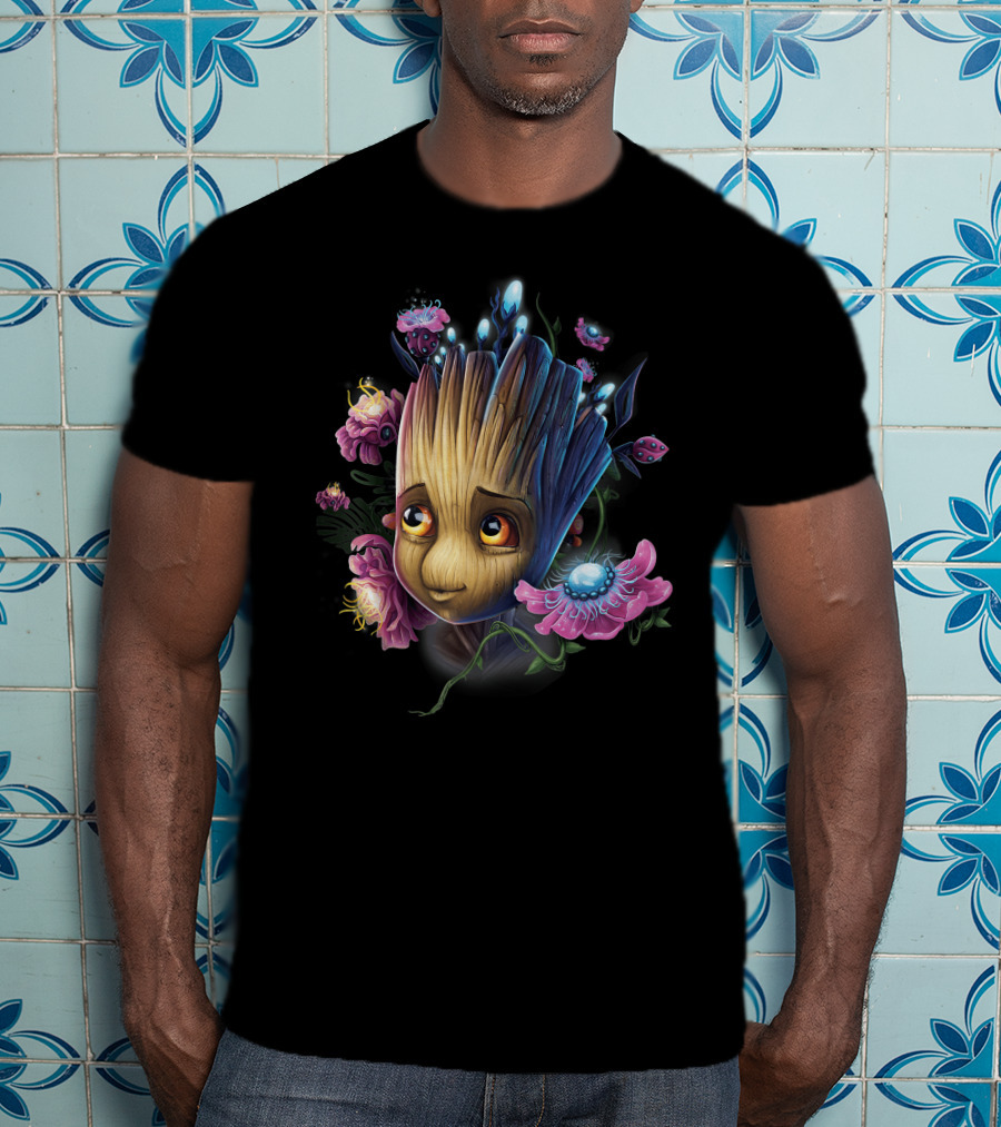 Marvel Guardians Of The Galaxy Groot Surrounded By Vibrant Flowers And Glowing Bugs T-Shirt
